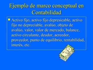 Ejemplo de marco conceptual en
         Contabilidad
   Activo fijo, activo fijo depresicable, activo
    fijo no depreciable, avalúo, objeto de
    avalúo, valor, valor de mercado, balance,
    activo circulante, deudor, acreedor,
    proveedor, punto de equilibrio, rentabilidad,
    interés, etc.
 