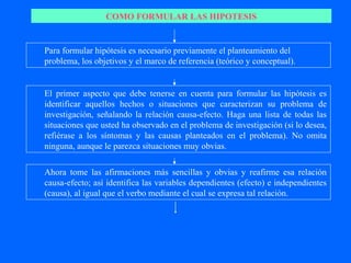 COMO FORMULAR LAS HIPOTESIS


Para formular hipótesis es necesario previamente el planteamiento del
problema, los objetivos y el marco de referencia (teórico y conceptual).


El primer aspecto que debe tenerse en cuenta para formular las hipótesis es
identificar aquellos hechos o situaciones que caracterizan su problema de
investigación, señalando la relación causa-efecto. Haga una lista de todas las
situaciones que usted ha observado en el problema de investigación (si lo desea,
refiérase a los síntomas y las causas planteados en el problema). No omita
ninguna, aunque le parezca situaciones muy obvias.

Ahora tome las afirmaciones más sencillas y obvias y reafirme esa relación
causa-efecto; así identifica las variables dependientes (efecto) e independientes
(causa), al igual que el verbo mediante el cual se expresa tal relación.
 