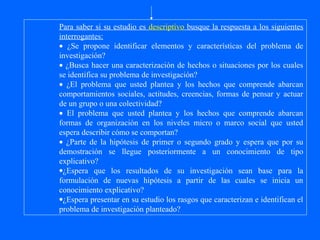 Para saber si su estudio es descriptivo busque la respuesta a los siguientes
interrogantes:
• ¿Se propone identificar elementos y características del problema de
investigación?
• ¿Busca hacer una caracterización de hechos o situaciones por los cuales
se identifica su problema de investigación?
• ¿El problema que usted plantea y los hechos que comprende abarcan
comportamientos sociales, actitudes, creencias, formas de pensar y actuar
de un grupo o una colectividad?
• El problema que usted plantea y los hechos que comprende abarcan
formas de organización en los niveles micro o marco social que usted
espera describir cómo se comportan?
• ¿Parte de la hipótesis de primer o segundo grado y espera que por su
demostración se llegue posteriormente a un conocimiento de tipo
explicativo?
•¿Espera que los resultados de su investigación sean base para la
formulación de nuevas hipótesis a partir de las cuales se inicia un
conocimiento explicativo?
•¿Espera presentar en su estudio los rasgos que caracterizan e identifican el
problema de investigación planteado?
 