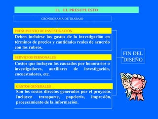 11. EL PRESUPUESTO

              CRONOGRAMA DE TRABAJO


PRESUPUESTO DE INVESTIGACION
Deben incluirse los gastos de la investigación en
términos de precios y cantidades reales de acuerdo
con los rubros.
                                                     FIN DEL
SERVICIOS PERSONALES
                                                     DISEÑO
Costos que incluyen los causados por honorarios o
investigadores, auxiliares de investigación,
encuestadores, etc.

GASTOS GENERALES
Son los costos directos generados por el proyecto.
Incluyen transporte, papelería, impresión,
procesamiento de la información.
 