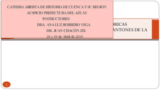 CATEDRA ABIERTA DE HISTORIA DE CUENCA Y SU REGION AUSPICIO PREFECTURA DEL AZUAY INSTRUCTORES:  DRA. ANA LUZ BORRERO VEGA DR. JUAN CHACÓN ZH. 28 y 29 de Abril de 2010 1 