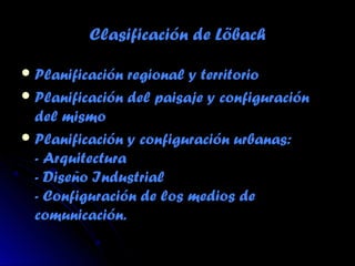 Clasificación de LöbachClasificación de Löbach
 Planificación regional y territorioPlanificación regional y territorio
 Planificación del paisaje y configuraciónPlanificación del paisaje y configuración
del mismodel mismo
 Planificación y configuración urbanas:Planificación y configuración urbanas:
- Arquitectura- Arquitectura
- Diseño Industrial- Diseño Industrial
- Configuración de los medios de- Configuración de los medios de
comunicación.comunicación.
 