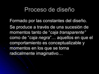 Proceso de diseñoProceso de diseño
Formado por las constantes del diseño.Formado por las constantes del diseño.
Se produce a través de una sucesión deSe produce a través de una sucesión de
momentos tanto de “momentos tanto de “caja transparente”caja transparente”
como de “como de “caja negracaja negra”… aquellos en que el”… aquellos en que el
comportamiento es conceptualizable ycomportamiento es conceptualizable y
momentos en los que se tornamomentos en los que se torna
radicalmente imaginativo…radicalmente imaginativo…
 