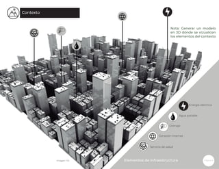 Página 8
Contexto
Elementos de infraestructura
Energía eléctrica
Agua potable
Drenaje
Conexión internet
Servicio de salud
Imagen 1.10
Nota: Generar un modelo
en 3D dónde se vizualicen
los elementos del contexto
 
