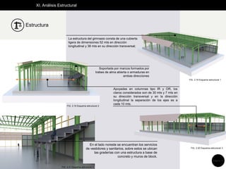 XI. Análisis Estructural
En el lado noreste se encuentran los servicios
de vestidores y sanitarios, sobre estos se ubican
las graderías con una estructura a base de
concreto y muros de block.
La estructura del gimnasio consta de una cubierta
ligera de dimensiones 52 mts en dirección
longitudinal y 38 mts en su dirección transversal;
Soportada por marcos formados por
trabes de alma abierta o armaduras en
ambas direcciones
Apoyadas en columnas tipo IR y OR, los
claros considerados son de 30 mts y 7 mts en
su dirección transversal y en la dirección
longitudinal la separación de los ejes es a
cada 10 mts.
Estructura
FIG. 2.18 Esquema estructural 1
FIG. 2.19 Esquema estructural 2
FIG. 2.20 Esquema estructural 3
FIG. 2.21 Esquema estructural 4
Página 23
 