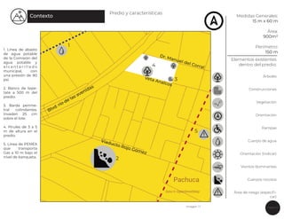 Página 5
Contexto
Predio y características
Medidas Generales:
15 m x 60 m
Área:
900m2
Perímetro:
150 m
Elementos existentes
dentro del predio:
Árboles
Construcciones
Vegetación
Orientación
Rampas
Cuerpo de agua
Orientación (indicar)
Vientos dominantes
Cuerpos rocosos
Área de riesgo (especiﬁ-
car)
Imagen 1.1
Dr. Manuel del Corral
Veta Analcos
Blvd. río de las avenidas
Viaducto Rojo Gómez
1. Línea de abasto
de agua potable
de la Comisión del
agua potable y
a l c a n t a r i l l a d o
municipal, con
una presión de 80
psi.
2. Banco de tepe-
tate a 500 m del
predio.
3. Barda perime-
tral colindantes.
Invaden 25 cm
sobre el lote.
4. Pirules de 3 a 5
m de altura en el
predio.
5. Línea de PEMEX
que transporta
Gas a 10 m bajo el
nivel de banqueta.
1
2
3
4
5
 