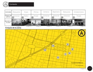 Página 6
Contexto
Croquis de la zona
Actividad
Género del
ediﬁcio
Ejemplo en
la zona
Restaurante
Comercial
Museo
Público
Oﬁcinas
Privado
Comercio
Comercial
Alojamiento
Comercial
Restaurante
Comercial
Entretenimiento
Privado
1
2
3
4
5
6
7
1 2 3 4 5 6 7
Imagen 1.2 Imagen 1.3 Imagen 1.4 Imagen 1.5 Imagen 1.6 Imagen 1.7 Imagen 1.8
Imagen 1.9
 