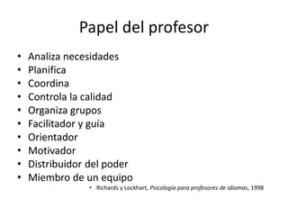 Papel del profesor
• Analiza necesidades
• Planifica
• Coordina
• Controla la calidad
• Organiza grupos
• Facilitador y guía
• Orientador
• Motivador
• Distribuidor del poder
• Miembro de un equipo
• Richards y Lockhart, Psicología para profesores de idiomas, 1998
 