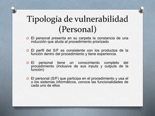 Tipología de vulnerabilidad
(Personal)
O El personal presenta en su carpeta la constancia de una
inducción que aluda al procedimiento priorizado
O El perfil del S/F es consistente con los productos de la
función dentro del procedimiento y tiene experiencia.
O El personal tiene un conocimiento completo del
procedimiento (inclusive de sus inputs y outputs de la
función)
O El personal (S/F) que participa en el procedimiento y usa el
o los sistemas informáticos, conoce las funcionalidades de
cada uno de ellos
 