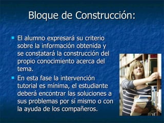 Bloque de Construcción: El alumno expresará su criterio sobre la información obtenida y se constatará la construcción del propio conocimiento acerca del tema.  En esta fase la intervención tutorial es mínima, el estudiante deberá encontrar las soluciones a sus problemas por sí mismo o con la ayuda de los compañeros.  