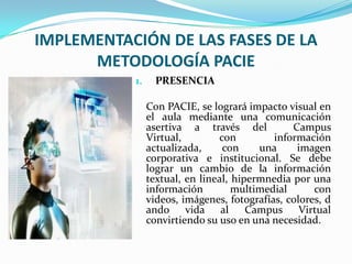 IMPLEMENTACIÓN DE LAS FASES DE LA METODOLOGÍA PACIEPRESENCIA	Con PACIE, se logrará impacto visual en el aula mediante una comunicación asertiva a través del  Campus Virtual, con información actualizada, con una imagen corporativa e institucional. Se debe lograr un cambio de la información textual, en lineal, hipermnedia por una información multimedial con videos, imágenes, fotografías, colores, dando vida al Campus Virtual convirtiendo su uso en una necesidad. 
