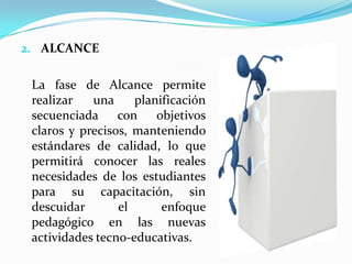 ALCANCE	La fase de Alcance permite realizar una planificación secuenciada con objetivos claros y precisos, manteniendo estándares de calidad, lo que permitirá conocer las reales necesidades de los estudiantes para su capacitación, sin descuidar el enfoque pedagógico en las nuevas actividades tecno-educativas.