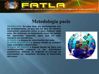 Metodología pacie
INTERACIÓN: En esta fase, los participantes son
los protagonistas, ya que son los que, de manera
interactiva colaboran entre sí para mejorar cada
aula. Sin embargo es importante tener en cuenta
los siguientes aspectos, para que un aula
muestre sus beneficios:
BLOQUE 0 o bloque de información del aula.
BLOQUE ACADÉMICO o bloque donde se muestra
cada actividad a desarrollar.
BLOQUE DE CIERRE o bloque donde se hace una
realimentación respecto       a las actividades
académicas, además de negociar la entrega de
actividades no cumplidas durante el desarrollo
del curso.
 