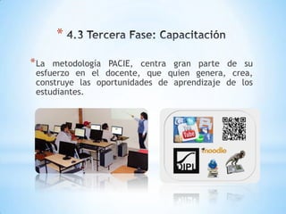 *
* La metodología PACIE, centra gran parte de su
 esfuerzo en el docente, que quien genera, crea,
 construye las oportunidades de aprendizaje de los
 estudiantes.
 