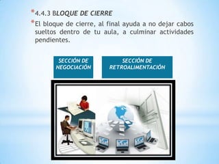 * 4.4.3 BLOQUE DE CIERRE
* El bloque de cierre, al final ayuda a no dejar cabos
 sueltos dentro de tu aula, a culminar actividades
 pendientes.


         SECCIÓN DE           SECCIÓN DE
        NEGOCIACIÓN       RETROALIMENTACIÓN
 