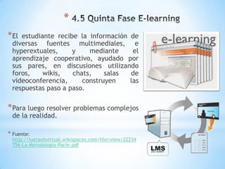 *
* Elestudiante recibe la información de
 diversas fuentes multimediales, e
 hyperextuales,     y    mediante     el
 aprendizaje cooperativo, ayudado por
 sus pares, en discusiones utilizando
 foros,    wikis,   chats,    salas  de
 videoconferencia,     construyen    las
 respuestas paso a paso.

* Para luego resolver problemas complejos
 de la realidad.

* Fuente:
 http://iuetaebvirtual.wikispaces.com/file/view/22234
 756-La-Metodologia-Pacie.pdf
 