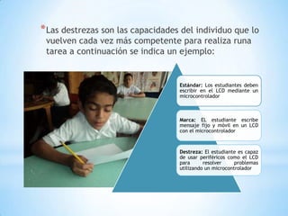 * Las destrezas son las capacidades del individuo que lo
 vuelven cada vez más competente para realiza runa
 tarea a continuación se indica un ejemplo:


                                   Estándar: Los estudiantes deben
                                   escribir en el LCD mediante un
                                   microcontrolador



                                   Marca: EL estudiante escribe
                                   mensaje fijo y móvil en un LCD
                                   con el microcontrolador



                                   Destreza: El estudiante es capaz
                                   de usar periféricos como el LCD
                                   para      resolver     problemas
                                   utilizando un microcontrolador
 