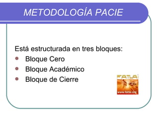 METODOLOGÍA PACIE Está estructurada en tres bloques: Bloque Cero Bloque Académico Bloque de Cierre 