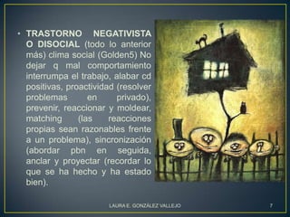 • TRASTORNO NEGATIVISTA
  O DISOCIAL (todo lo anterior
  más) clima social (Golden5) No
  dejar q mal comportamiento
  interrumpa el trabajo, alabar cd
  positivas, proactividad (resolver
  problemas        en     privado),
  prevenir, reaccionar y moldear,
  matching      (las    reacciones
  propias sean razonables frente
  a un problema), sincronización
  (abordar pbn en seguida,
  anclar y proyectar (recordar lo
  que se ha hecho y ha estado
  bien).

                       LAURA E. GONZÁLEZ VALLEJO   7
 