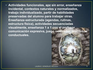 • Actividades funcionales, apz sin error, enseñanza
  incidental, contextos naturales y normalizados,
  trabajo individualizado, partir de habilidades
  preservadas del alumno para trabajar otras.
  Enseñanza estructurada (agendas, rutinas,
  estructura física), actividades secuenciadas
  visualmente, enseñanza 1 a 1 con el profesor,
  comunicación expresiva, juego motivador, problemas
  conductuales.




                  LAURA E. GONZÁLEZ VALLEJO        9
 