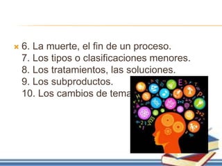  6. La muerte, el fin de un proceso.
7. Los tipos o clasificaciones menores.
8. Los tratamientos, las soluciones.
9. Los subproductos.
10. Los cambios de tema.
 