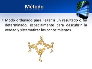 Método

• Modo ordenado para llegar a un resultado o fin
  determinado, especialmente para descubrir la
  verdad y sistematizar los conocimientos.
 