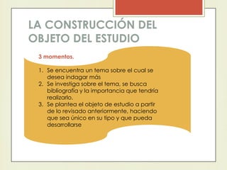 LA CONSTRUCCIÓN DEL
OBJETO DEL ESTUDIO
3 momentos.
1. Se encuentra un tema sobre el cual se
desea indagar más
2. Se investiga sobre el tema, se busca
bibliografía y la importancia que tendría
realizarlo.
3. Se plantea el objeto de estudio a partir
de lo revisado anteriormente, haciendo
que sea único en su tipo y que pueda
desarrollarse
 
