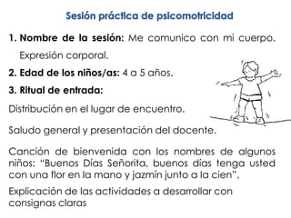 1. Nombre de la sesión: Me comunico con mi cuerpo.
  Expresión corporal.
2. Edad de los niños/as: 4 a 5 años.
3. Ritual de entrada:
Distribución en el lugar de encuentro.

Saludo general y presentación del docente.

Canción de bienvenida con los nombres de algunos
niños: “Buenos Días Señorita, buenos días tenga usted
con una flor en la mano y jazmín junto a la cien”.
Explicación de las actividades a desarrollar con
consignas claras
 