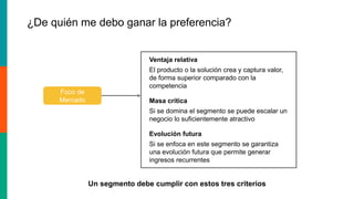 ¿De quién me debo ganar la preferencia?
Foco de
Mercado
Ventaja relativa
El producto o la solución crea y captura valor,
de forma superior comparado con la
competencia
Masa crítica
Si se domina el segmento se puede escalar un
negocio lo suficientemente atractivo
Evolución futura
Si se enfoca en este segmento se garantiza
una evolución futura que permite generar
ingresos recurrentes
Un segmento debe cumplir con estos tres criterios
 