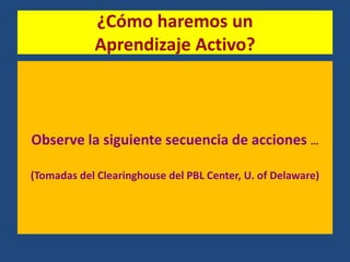 ¿Cómo haremos un
Aprendizaje Activo?
Observe la siguiente secuencia de acciones …
(Tomadas del Clearinghouse del PBL Center, U. of Delaware)
 