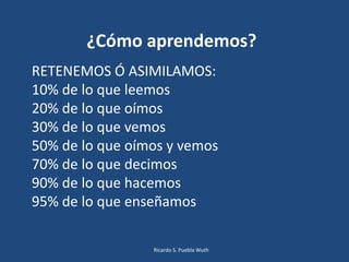 ¿Cómo aprendemos?
Ricardo S. Puebla Wuth
RETENEMOS Ó ASIMILAMOS:
10% de lo que leemos
20% de lo que oímos
30% de lo que vemos
50% de lo que oímos y vemos
70% de lo que decimos
90% de lo que hacemos
95% de lo que enseñamos
 