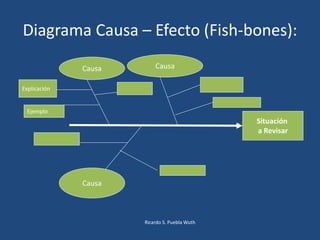 Diagrama Causa – Efecto (Fish-bones):
Situación
a Revisar
Causa Causa
Causa
Explicación
Ejemplo
Ricardo S. Puebla Wuth
 