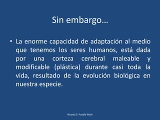 • La enorme capacidad de adaptación al medio
que tenemos los seres humanos, está dada
por una corteza cerebral maleable y
modificable (plástica) durante casi toda la
vida, resultado de la evolución biológica en
nuestra especie.
Sin embargo…
Ricardo S. Puebla Wuth
 