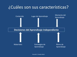 ¿Cuáles son sus características?
Decisiones del Aprendizaje Independiente
Contenido Lugar de Aprendizaje
Momento del
Aprendizaje
Materiales Estrategias de
Aprendizaje
Ritmo de
Aprendizaje
Ricardo S. Puebla Wuth
 
