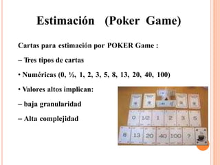 Estimación (Poker Game)
Cartas para estimación por POKER Game :
– Tres tipos de cartas
• Numéricas (0, ½, 1, 2, 3, 5, 8, 13, 20, 40, 100)
• Valores altos implican:
– baja granularidad
– Alta complejidad
 