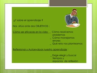 ¿Y sobre el aprendizaje ?

Nos sitúa ante dos OBJETIVOS :

Cómo ser eficaces en la vida: _ Cómo resolvemos
                                problemas
                              _ Cómo manejamos
                                errores
                              _ Qué reto nos planteamos

Reflexionar y Autoevaluar nuestro aprendizaje :

                                 _ Exige elegir y buscar
                                   tiempos y
                                   espacios de reflexión
 