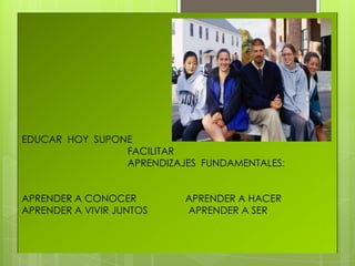 EDUCAR HOY SUPONE
                FACILITAR
                APRENDIZAJES FUNDAMENTALES:


APRENDER A CONOCER        APRENDER A HACER
APRENDER A VIVIR JUNTOS   APRENDER A SER
 