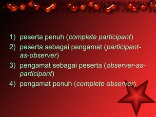 1) peserta penuh (complete participant)
2) peserta sebagai pengamat (participant-
   as-observer)
3) pengamat sebagai peserta (observer-as-
   participant)
4) pengamat penuh (complete observer)
 