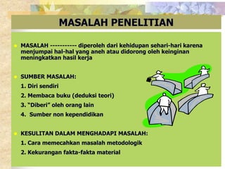 MASALAH PENELITIAN 
 MASALAH ----------- diperoleh dari kehidupan sehari-hari karena 
menjumpai hal-hal yang aneh atau didorong oleh keinginan 
meningkatkan hasil kerja 
 SUMBER MASALAH: 
1. Diri sendiri 
2. Membaca buku (deduksi teori) 
3. “Diberi” oleh orang lain 
4. Sumber non kependidikan 
 KESULITAN DALAM MENGHADAPI MASALAH: 
1. Cara memecahkan masalah metodologik 
2. Kekurangan fakta-fakta material 
 