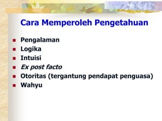 Cara Memperoleh Pengetahuan 
 Pengalaman 
 Logika 
 Intuisi 
 Ex post facto 
 Otoritas (tergantung pendapat penguasa) 
 Wahyu 
 