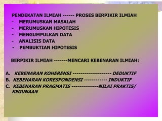 PENDEKATAN ILMIAH ------ PROSES BERPIKIR ILMIAH 
- MERUMUSKAN MASALAH 
- MERUMUSKAN HIPOTESIS 
- MENGUMPULKAN DATA 
- ANALISIS DATA 
- PEMBUKTIAN HIPOTESIS 
BERPIKIR ILMIAH -------MENCARI KEBENARAN ILMIAH: 
A. KEBENARAN KOHERENSI -------------------- DEDUKTIF 
B. KEBENARAN KORESPONDENSI ------------ INDUKTIF 
C. KEBENARAN PRAGMATIS --------------NILAI PRAKTIS/ 
KEGUNAAN 
 