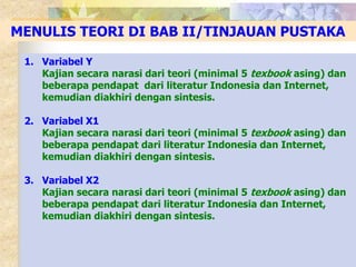 MENULIS TEORI DI BAB II/TINJAUAN PUSTAKA 
1. Variabel Y 
Kajian secara narasi dari teori (minimal 5 texbook asing) dan 
beberapa pendapat dari literatur Indonesia dan Internet, 
kemudian diakhiri dengan sintesis. 
2. Variabel X1 
Kajian secara narasi dari teori (minimal 5 texbook asing) dan 
beberapa pendapat dari literatur Indonesia dan Internet, 
kemudian diakhiri dengan sintesis. 
3. Variabel X2 
Kajian secara narasi dari teori (minimal 5 texbook asing) dan 
beberapa pendapat dari literatur Indonesia dan Internet, 
kemudian diakhiri dengan sintesis. 
 