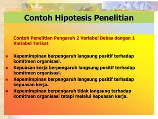 Contoh Hipotesis Penelitian 
Contoh Penelitian Pengaruh 2 Variabel Bebas dengan 1 
Variabel Terikat 
 Kepemimpinan berpengaruh langsung positif terhadap 
komitmen organisasi. 
 Kepuasan kerja berpengaruh langsung positif terhadap 
komitmen organisasi. 
 Kepemimpinan berpengaruh langsung positif terhadap 
kepuasan kerja. 
 Kepemimpinan berpengaruh tidak langsung terhadap 
komitmen organisasi tetapi melalui kepuasan kerja. 
 