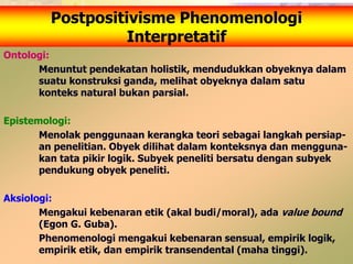 Postpositivisme Phenomenologi 
Interpretatif 
Ontologi: 
Menuntut pendekatan holistik, mendudukkan obyeknya dalam 
suatu konstruksi ganda, melihat obyeknya dalam satu 
konteks natural bukan parsial. 
Epistemologi: 
Menolak penggunaan kerangka teori sebagai langkah persiap-an 
penelitian. Obyek dilihat dalam konteksnya dan mengguna-kan 
tata pikir logik. Subyek peneliti bersatu dengan subyek 
pendukung obyek peneliti. 
Aksiologi: 
Mengakui kebenaran etik (akal budi/moral), ada value bound 
(Egon G. Guba). 
Phenomenologi mengakui kebenaran sensual, empirik logik, 
empirik etik, dan empirik transendental (maha tinggi). 
 
