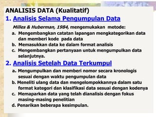 ANALISIS DATA (Kualitatif) 
1. Analisis Selama Pengumpulan Data 
Milles & Huberman, 1984, mengemukakan metode: 
a. Mengembangkan catatan lapangan mengkategorikan data 
dan memberi kode pada data 
b. Memasukkan data ke dalam format analisis 
c. Mengembangkan pertanyaan untuk mengumpulkan data 
selanjutnya. 
2. Analisis Setelah Data Terkumpul 
a. Mengumpulkan dan memberi nomor secara kronologis 
sesuai dengan waktu pengumpulan data 
b. Meneliti ulang data dan mengelompokkannya dalam satu 
format kategori dan klasifikasi data sesuai dengan kodenya 
c. Memaparkan data yang telah dianalisis dengan fokus 
masing-masing penelitian 
d. Penarikan beberapa kesimpulan. 
 