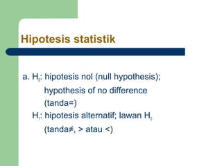 Hipotesis statistik


a. H0: hipotesis nol (null hypothesis);
      hypothesis of no difference
      (tanda=)
  H1: hipotesis alternatif; lawan H0
      (tanda≠, > atau <)
 
