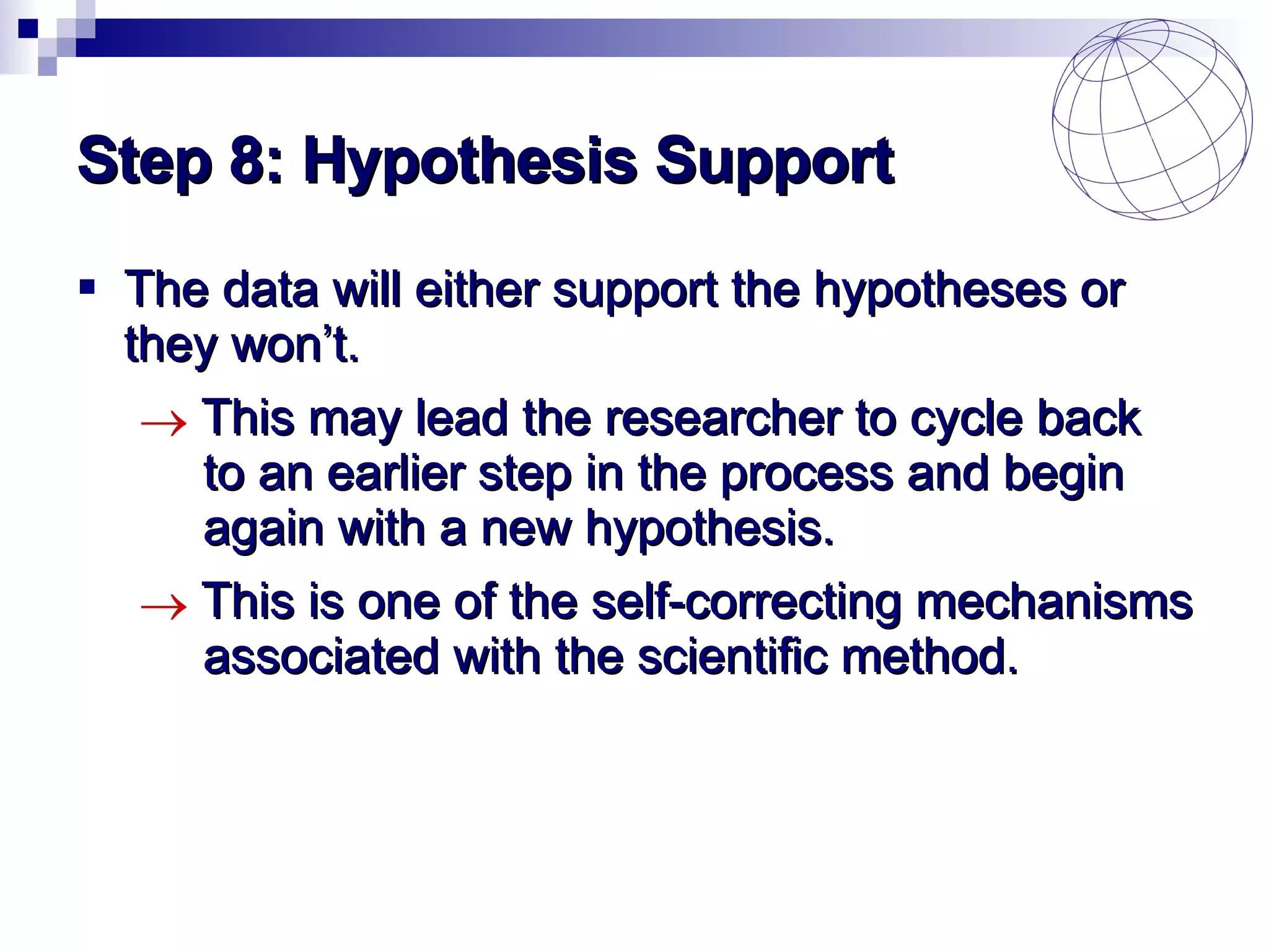 Step 8: Hypothesis Support The data will either support the hypotheses or they won’t. This may lead the researcher to cycle back  to an earlier step in the process and begin  again with a new hypothesis. This is one of the self-correcting mechanisms  associated with the scientific method. 