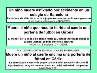 Un niño muere asfixiado por accidente en un colegio de Barcelona La víctima, de siete años, estaba jugando con una cuerda en el gimnasio J ESÚS   GARCÍA  - Barcelona - 04/06/2009 Muere el niño que resultó herido al caerle una portería de fútbol en Girona El menor, de 12 años y de origen marroquí, estaba ingresado desde el pasado viernes, cuando sufrió el accidente AGENCIAS  - Barcelona - 23/10/2003 ACCIDENTE MORTAL EN SANLUCAR DE BARRAMEDA Muere un niño al caerle encima una portería de fútbol en Cádiz   La estructura se mantenía en pie con una débil sujección al suelo El Ayuntamiento asegura no tener constancia del mal estado del parque 24/03/2004 EFE  