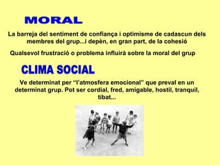MORAL La barreja del sentiment de confiança i optimisme de cadascun dels membres del grup...i depèn, en gran part, de la cohesió Qualsevol frustració o problema influirà sobre la moral del grup CLIMA SOCIAL Ve determinat per “l’atmosfera emocional” que preval en un determinat grup. Pot ser cordial, fred, amigable, hostil, tranquil, tibat... 