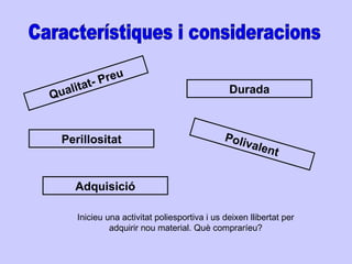 Característiques i consideracions Qualitat- Preu Durada Perillositat Polivalent Adquisició Inicieu una activitat poliesportiva i us deixen llibertat per adquirir nou material. Què compraríeu? 